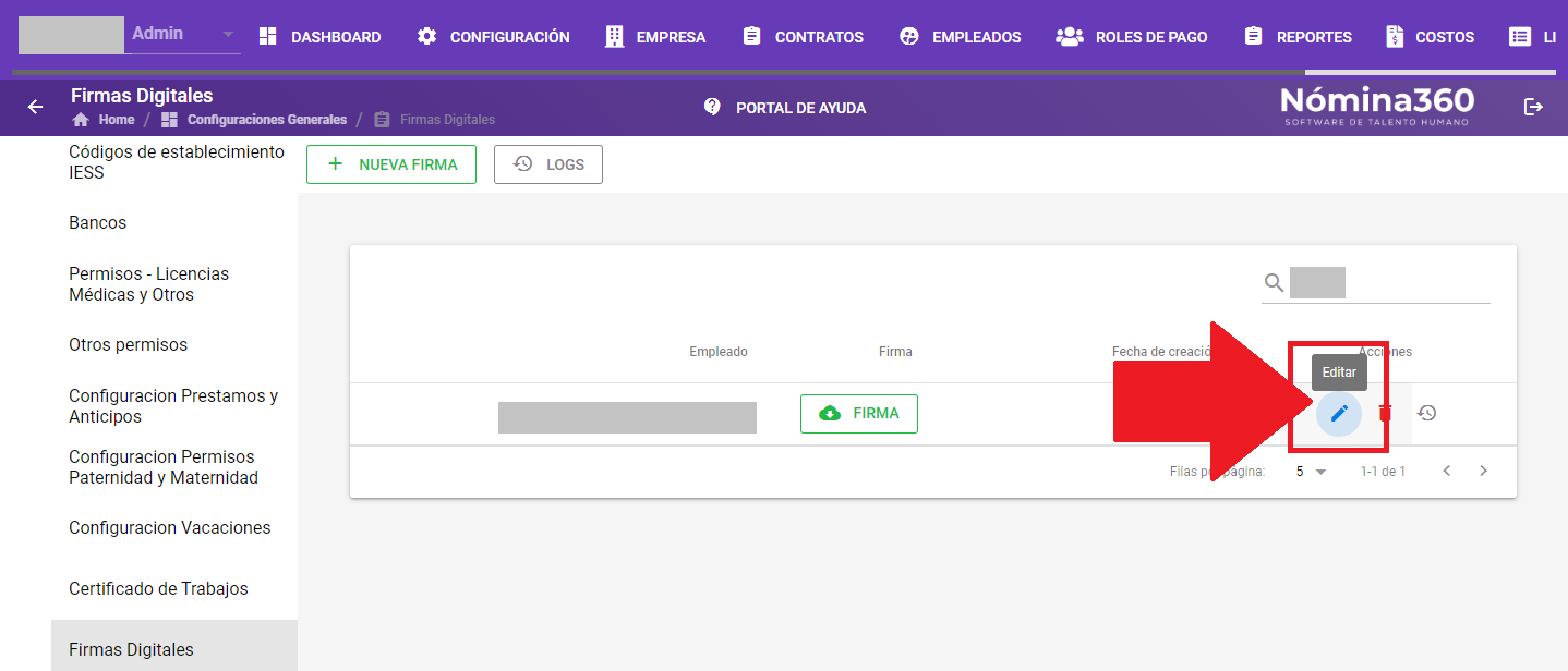 Acción Editar en una firma digital del listado