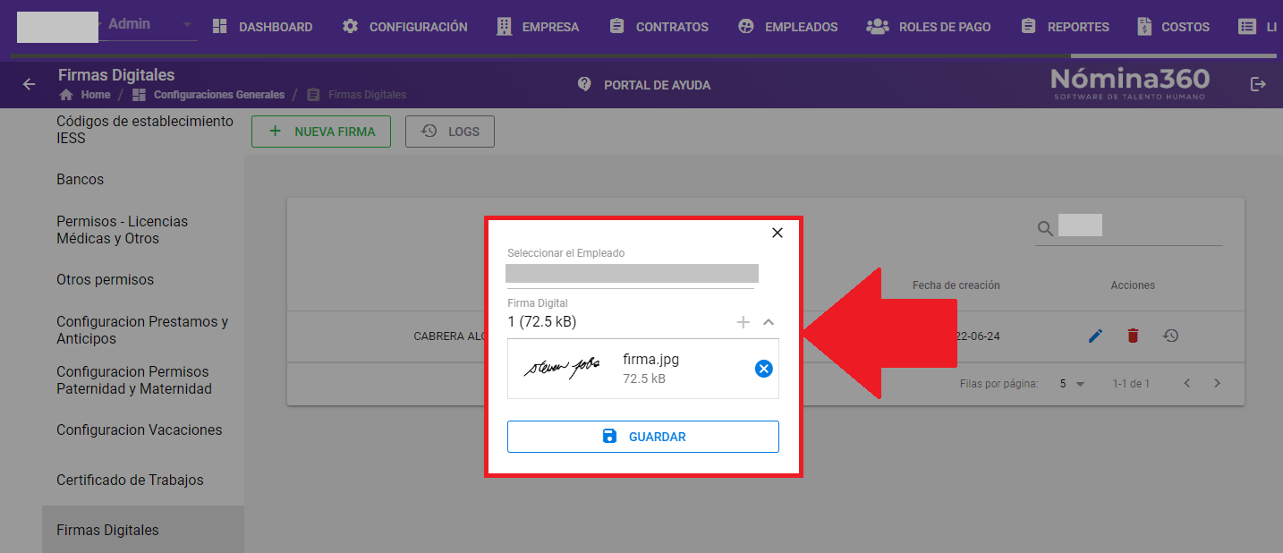 Formulario de edición de firma digital