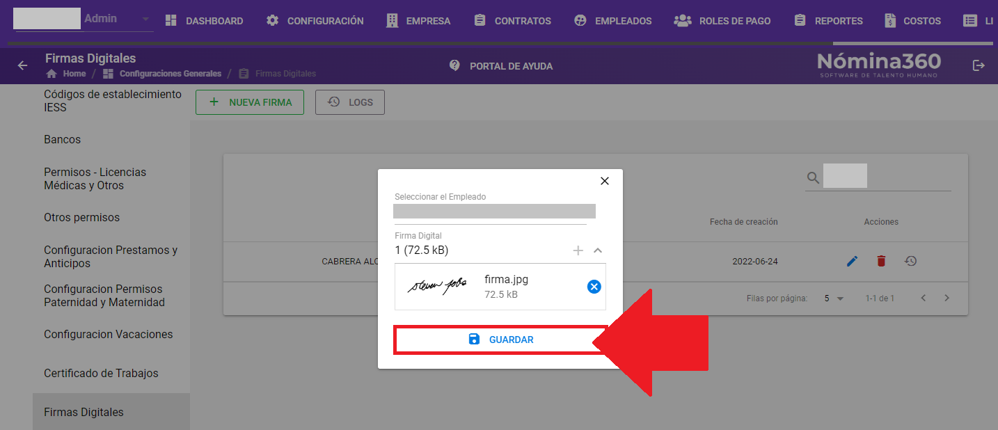 Botón Guardar tras modificar la firma digital