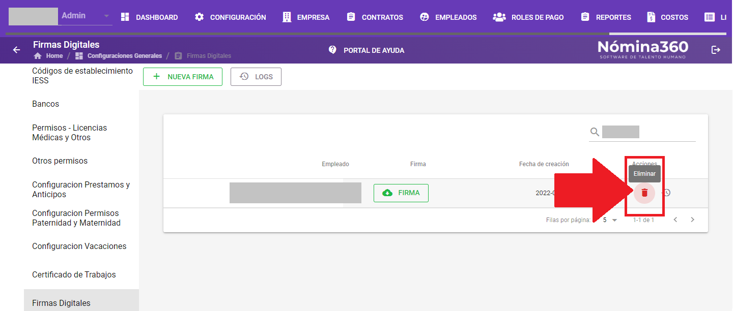 Acción Eliminar en una firma digital del listado