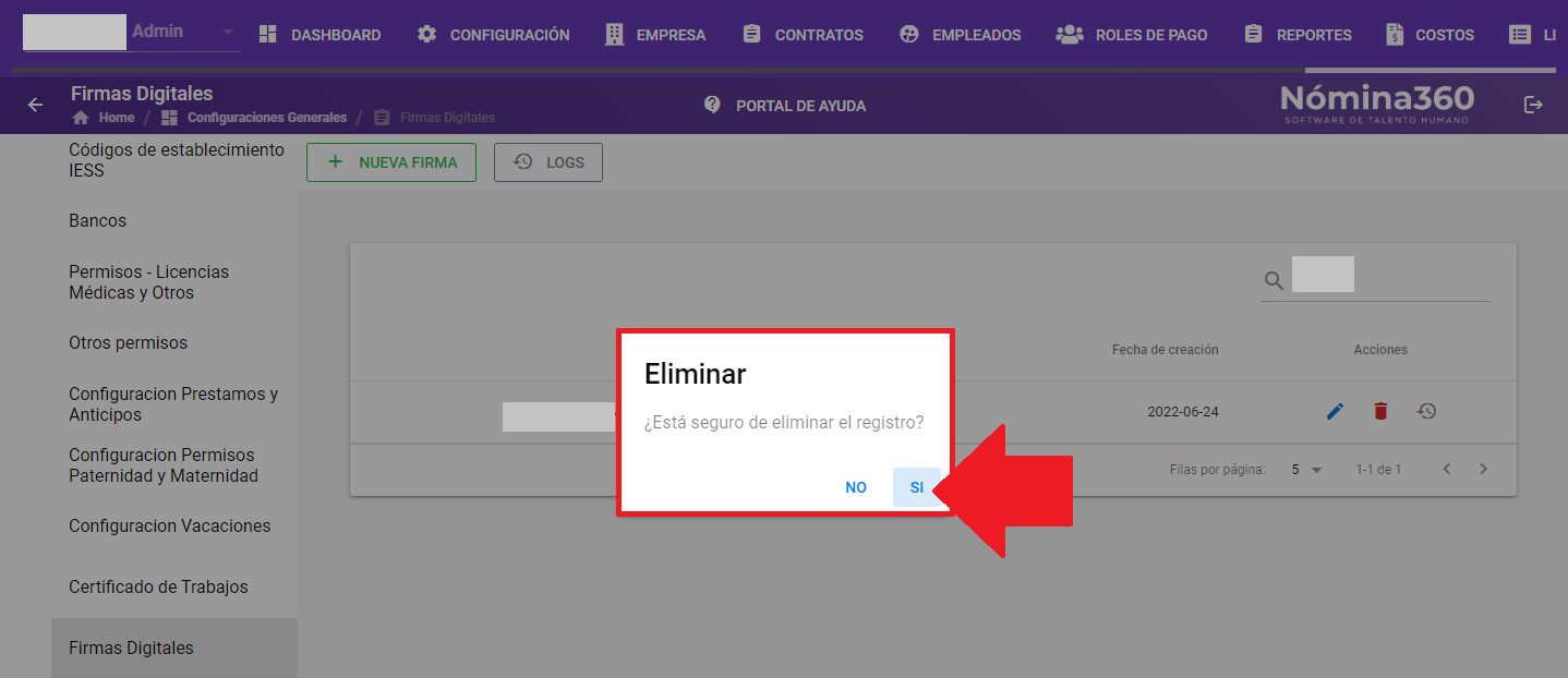 Cuadro de confirmación de eliminación de firma digital