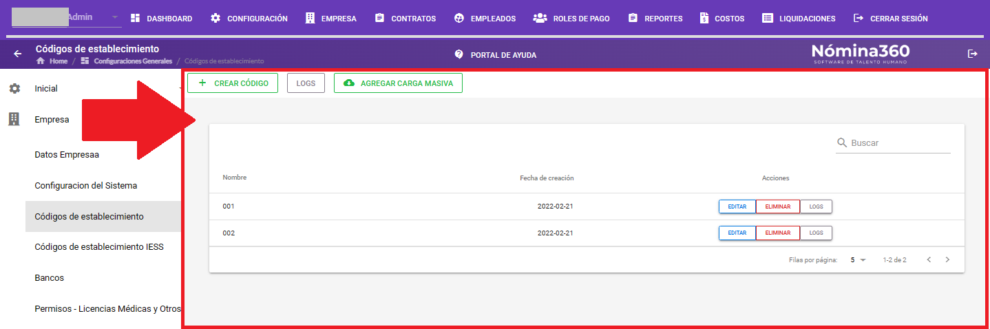 Pantalla de códigos de establecimiento