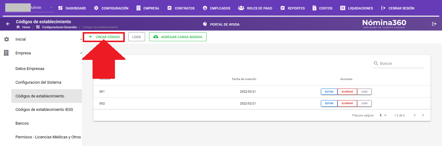 Botón Crear Código en la pantalla de códigos de establecimiento