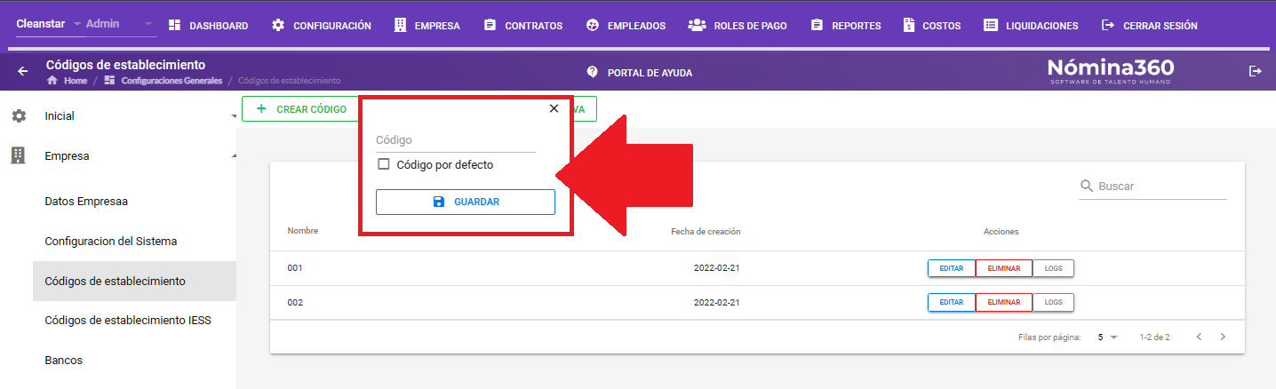 Formulario de creación de código de establecimiento