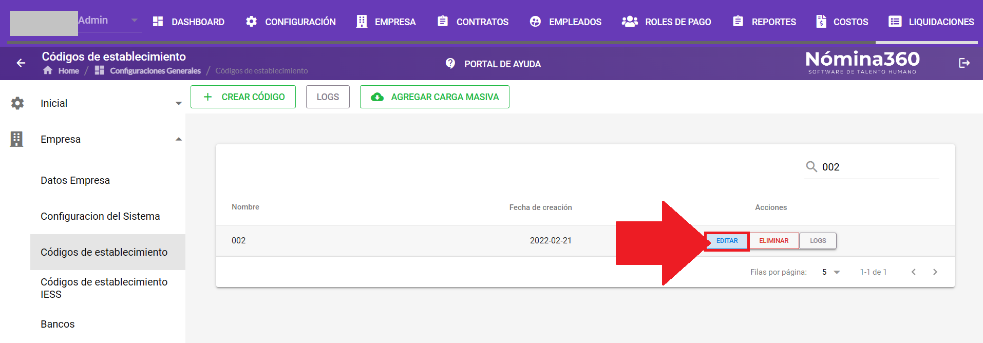 Acción Editar en un código del listado
