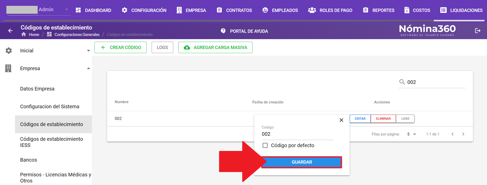 Botón Guardar tras editar el código de establecimiento