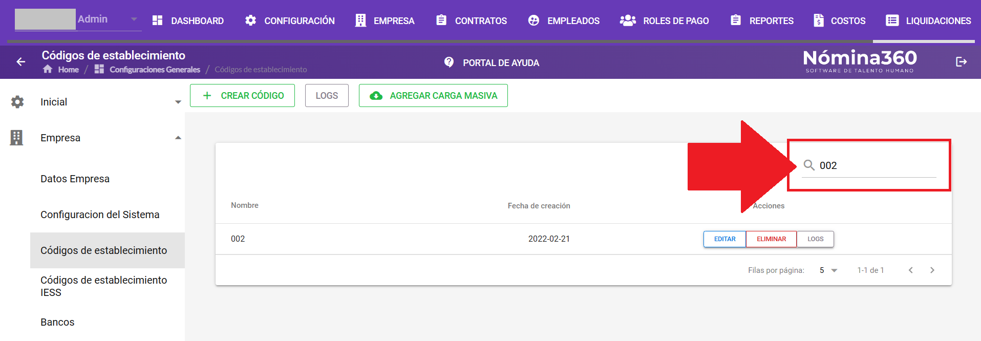 Listado con un código seleccionado para eliminar