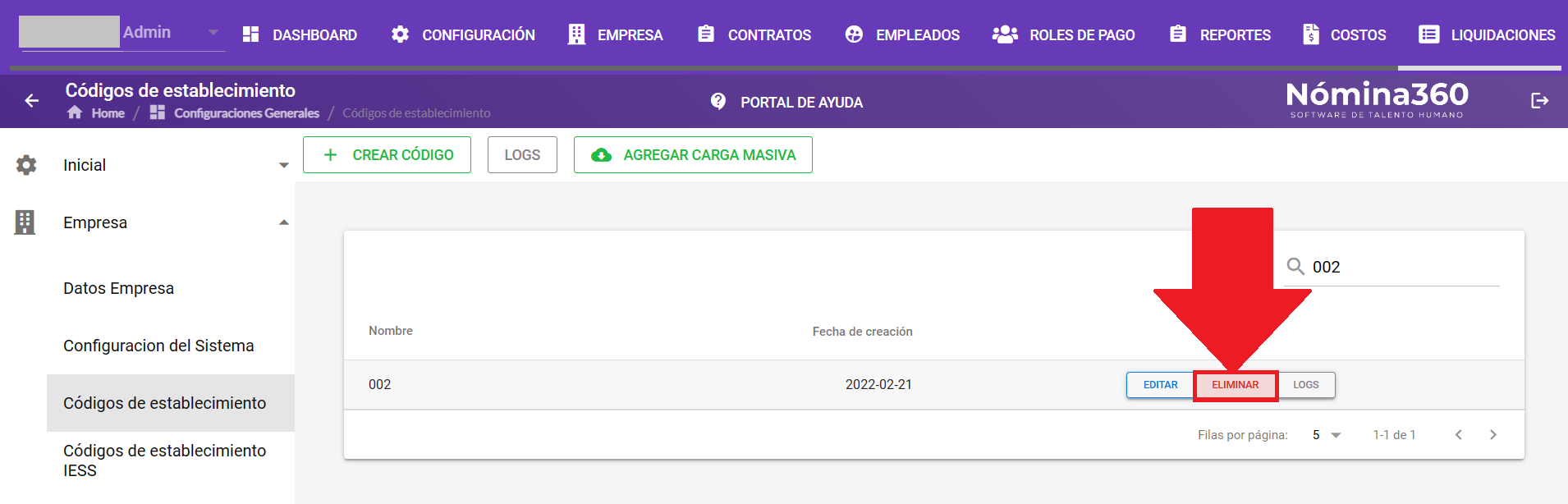 Acción Eliminar en un código del listado