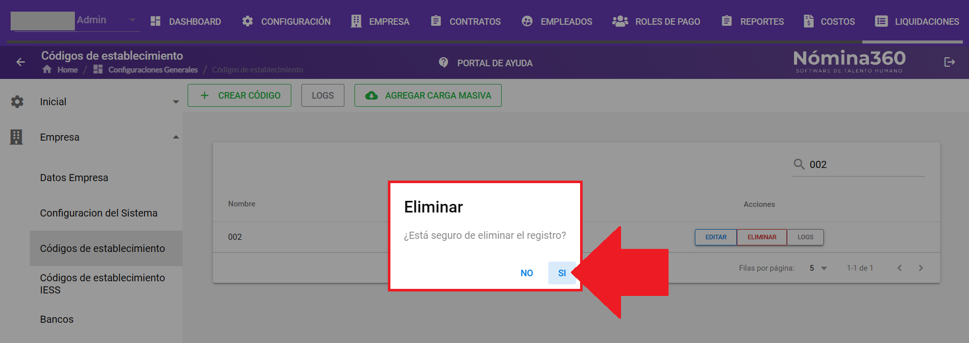 Cuadro de confirmación de eliminación de código
