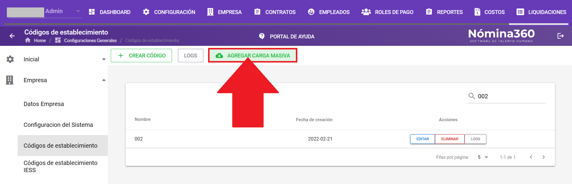 Botón Agregar Carga Masiva en la pantalla de códigos