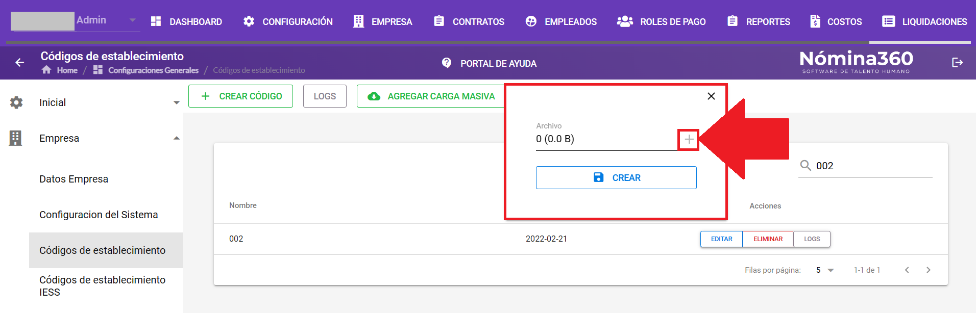 Ventana de carga masiva con el botón + para seleccionar archivo