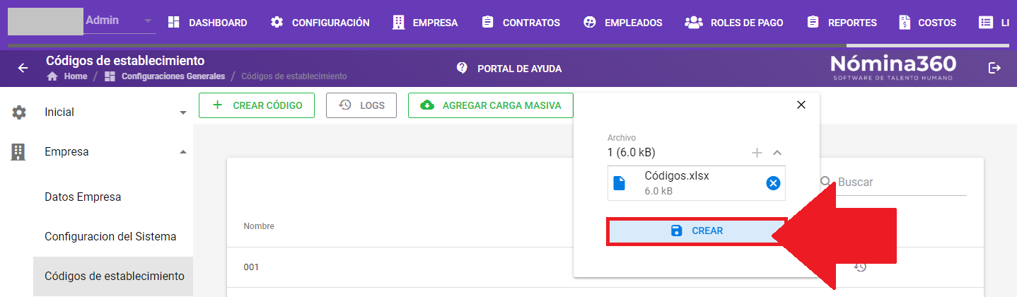 Botón Crear tras cargar el archivo de carga masiva