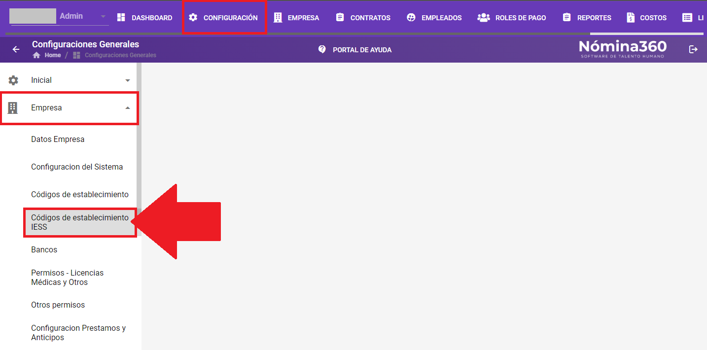 Menú Configuración con la opción Códigos de Establecimiento IESS seleccionada