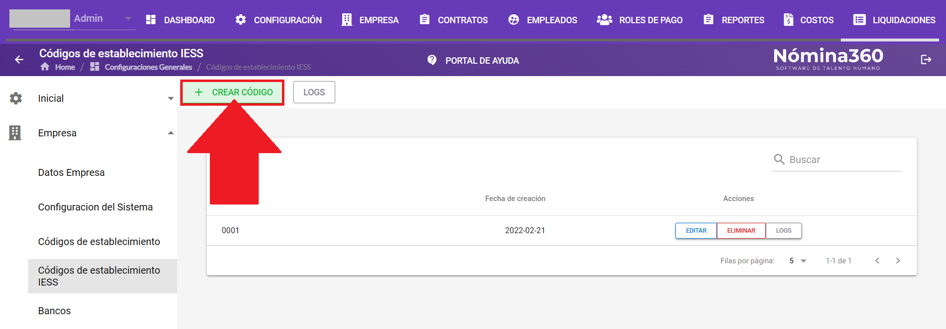 Botón + Crear Código en la pantalla de códigos IESS