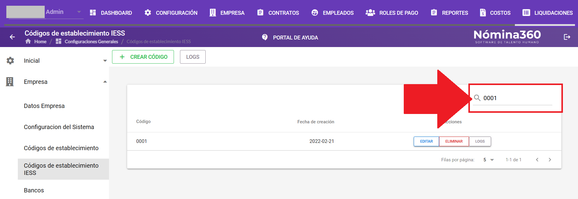 Listado de códigos IESS con un código seleccionado