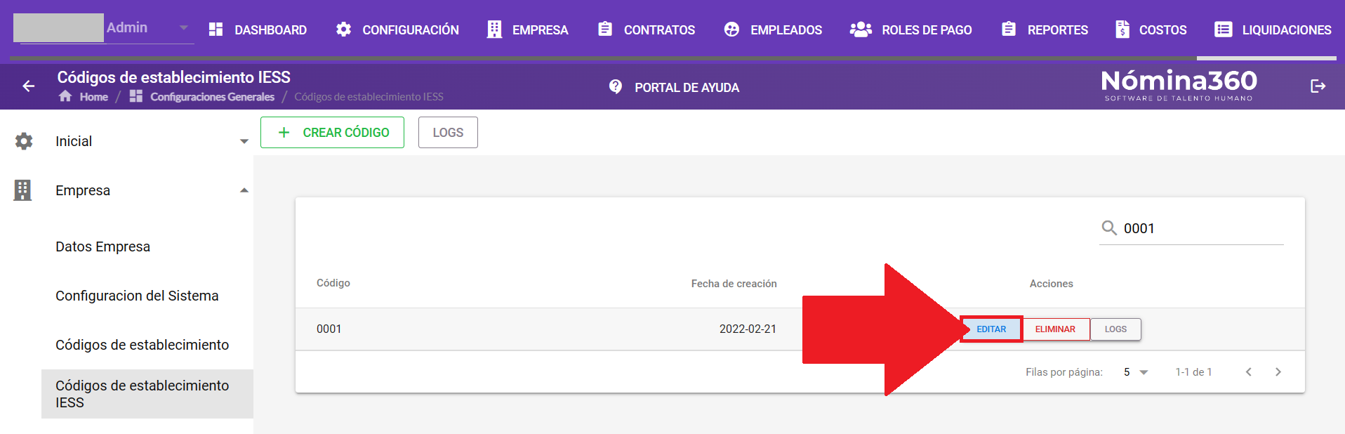 Acción Editar en un código del listado