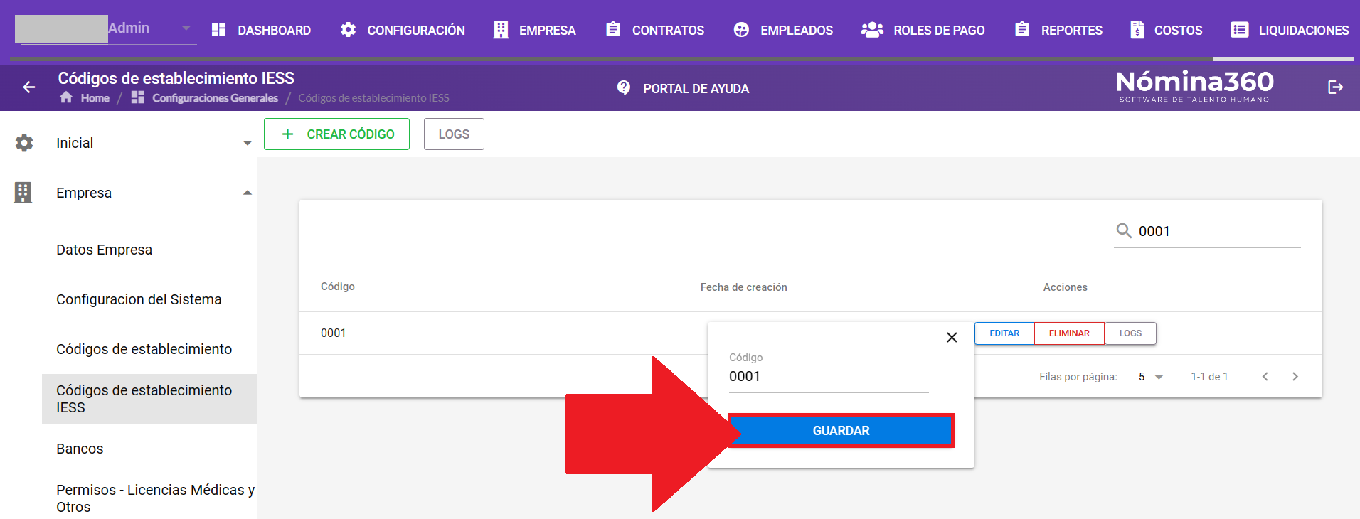 Botón Guardar tras modificar el código IESS