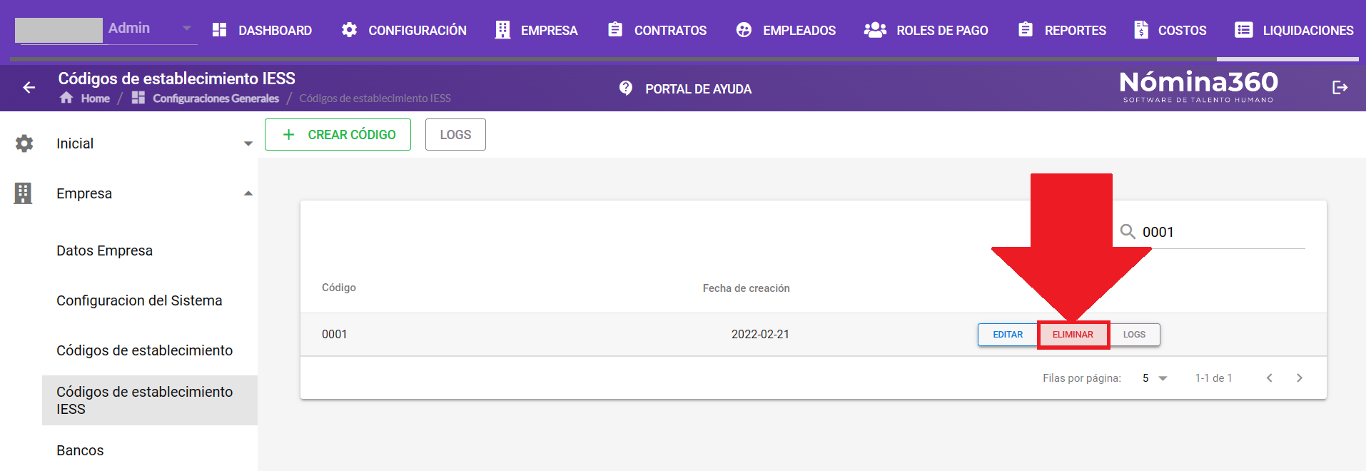 Acción Eliminar en un código del listado