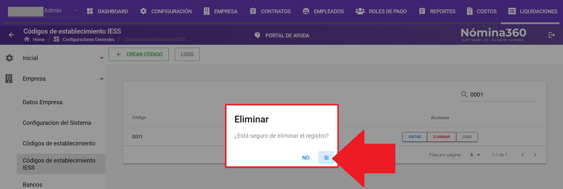 Cuadro de confirmación de eliminación de código IESS