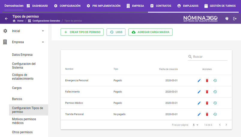 Pantalla principal de Configuración Tipos de Permisos