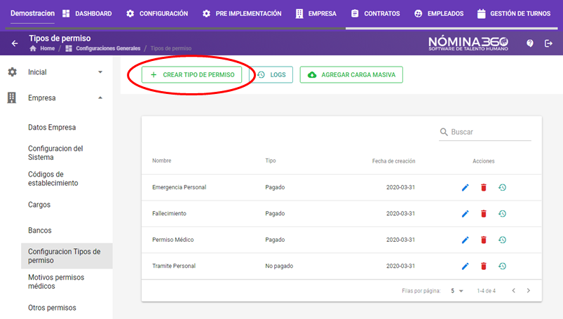 Botón Crear Tipo de Permiso en la pantalla de tipos de permisos