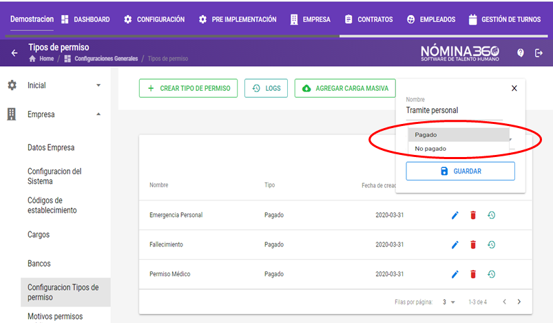 Selección de tipo Pagado o No pagado