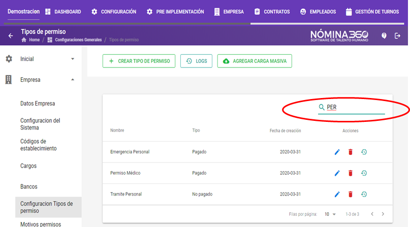 Listado con un tipo de permiso seleccionado