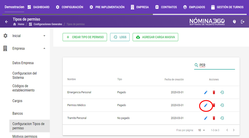 Acción Editar en un tipo de permiso del listado