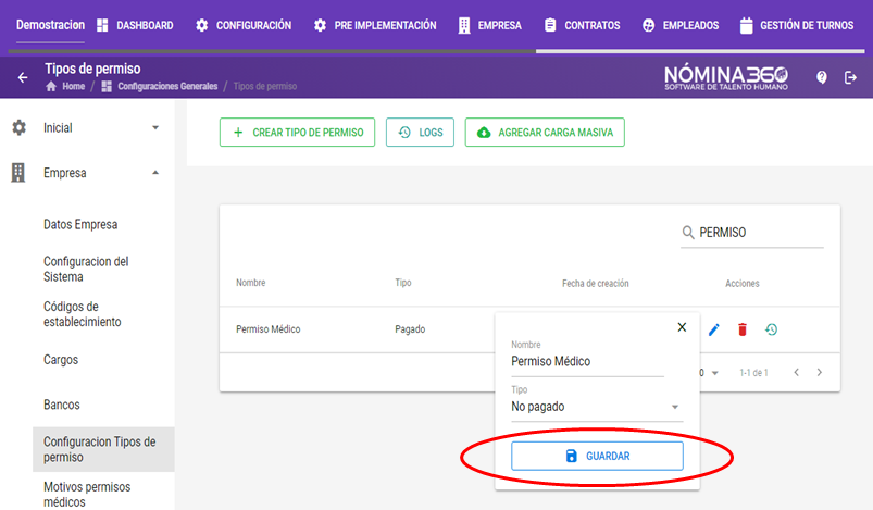 Botón Guardar tras editar el tipo de permiso