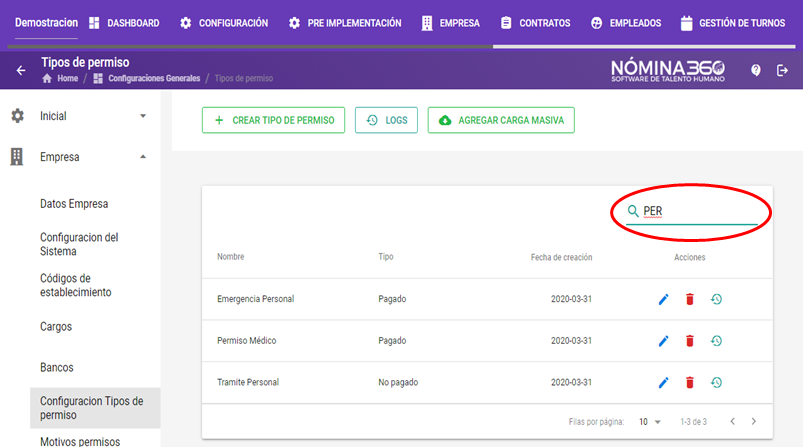 Listado con un tipo de permiso seleccionado para eliminar