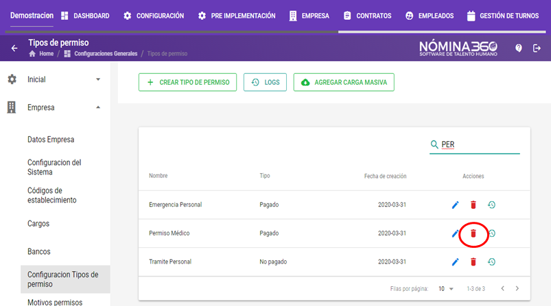 Acción Eliminar en un tipo de permiso del listado