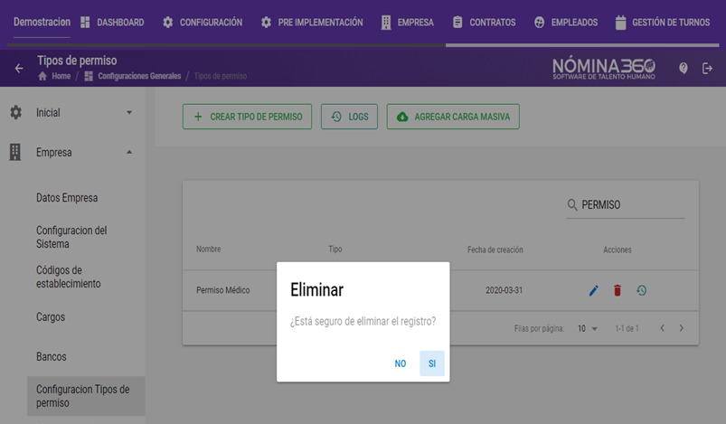Cuadro de confirmación de eliminación de tipo de permiso