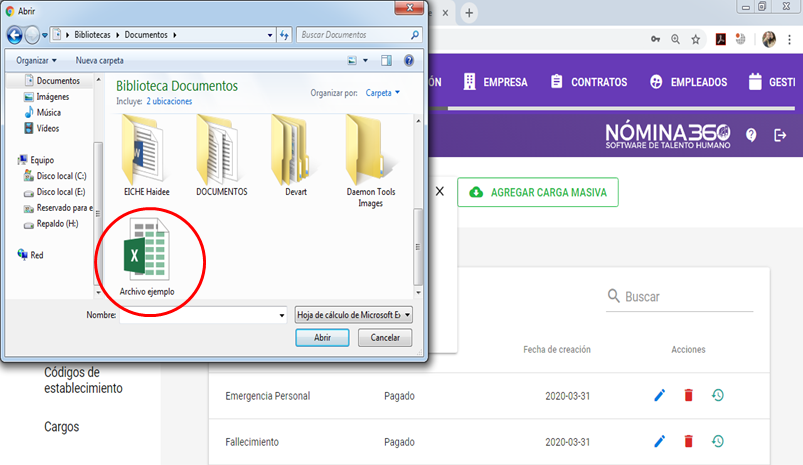 Selector de archivo para la carga masiva de tipos de permiso