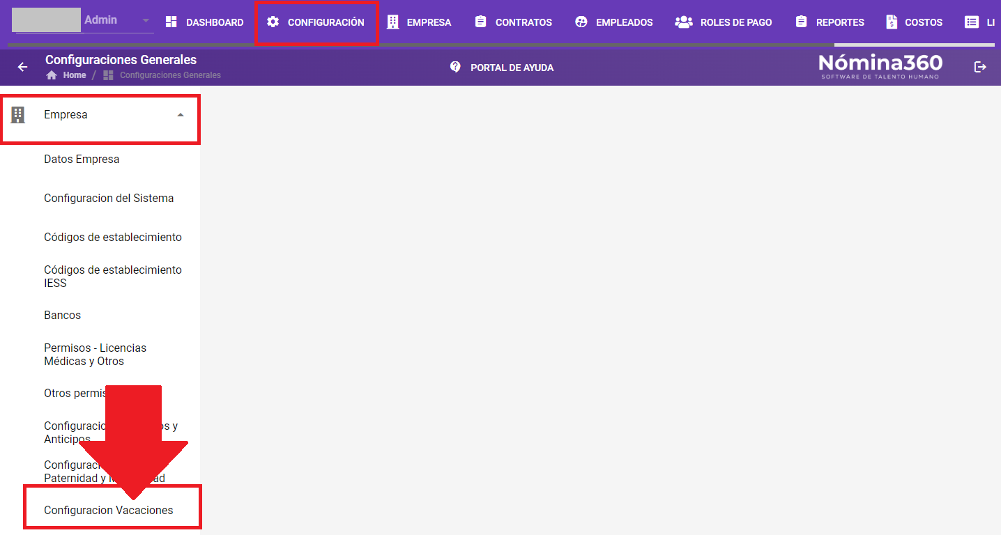 Menú Configuración con la opción Configuración Vacaciones seleccionada