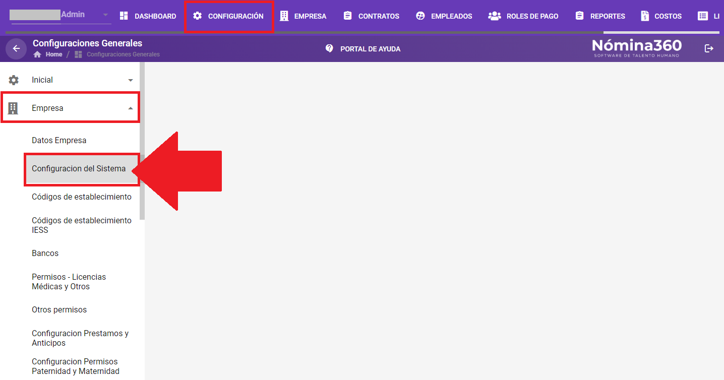 Menú Configuración con la opción Configuración del Sistema seleccionada
