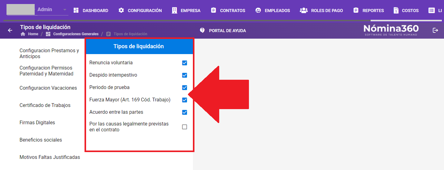 Pantalla de configuración con los motivos de liquidación disponibles