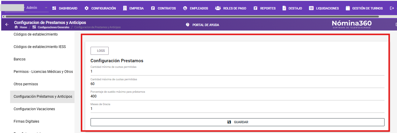 Sección de configuración de préstamos con sus parámetros