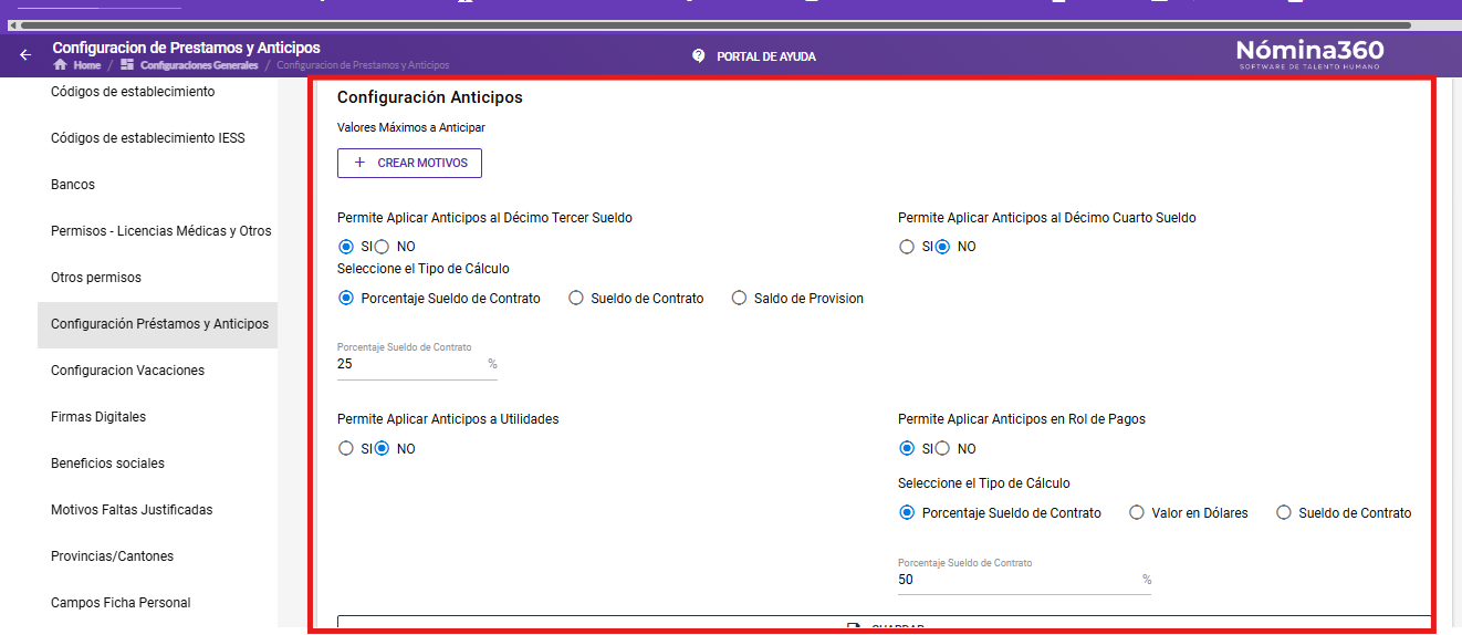 Sección de configuración de anticipos por concepto