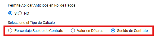 Tipos de cálculo para anticipos en Rol de Pagos