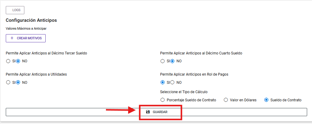 Botón Guardar al final de la configuración