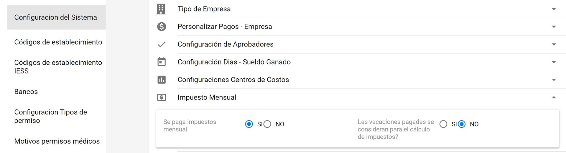 Sección Impuesto Mensual dentro de Configuración del Sistema