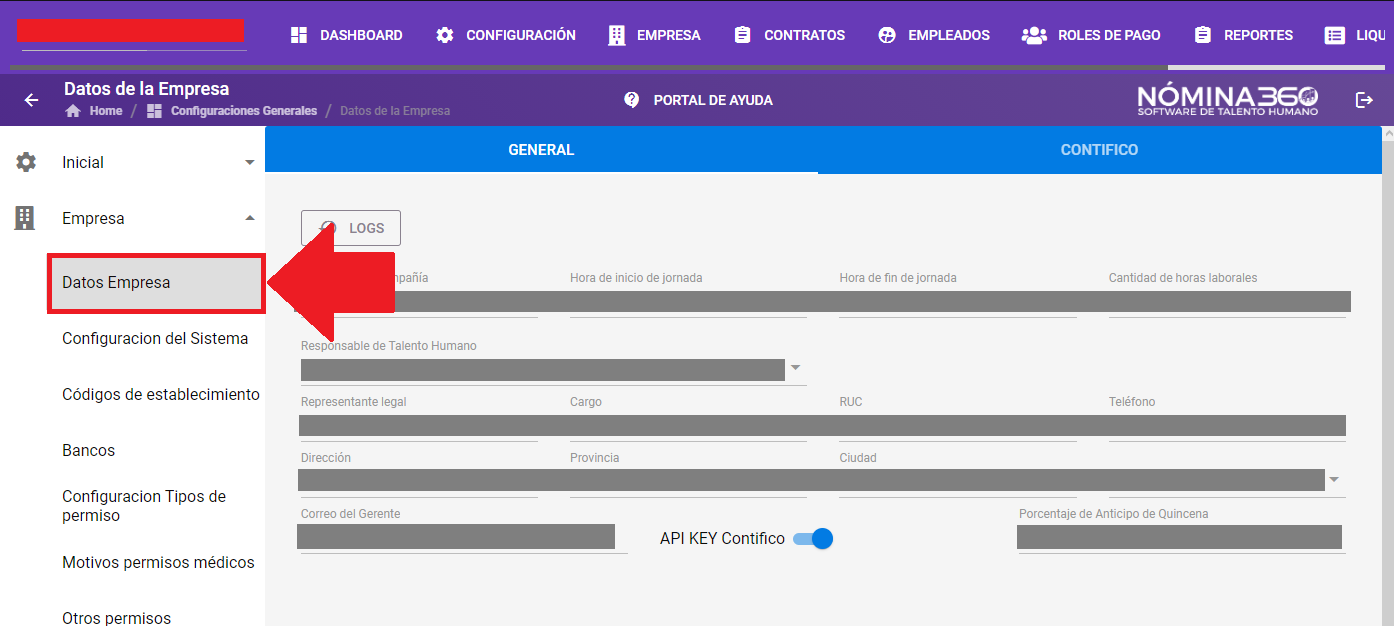 Opción Datos Empresa con los datos generales y Contifico