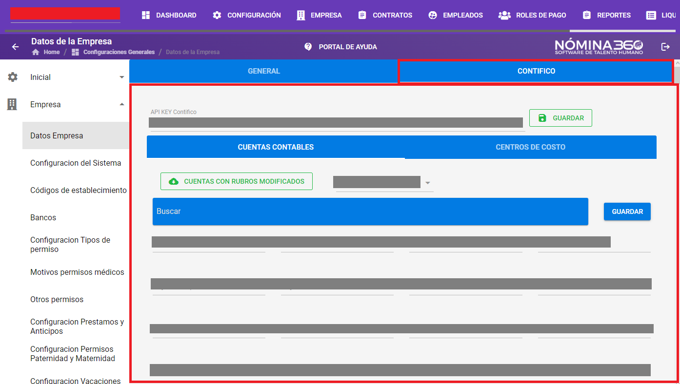 Pestaña Contifico con los datos de la integración