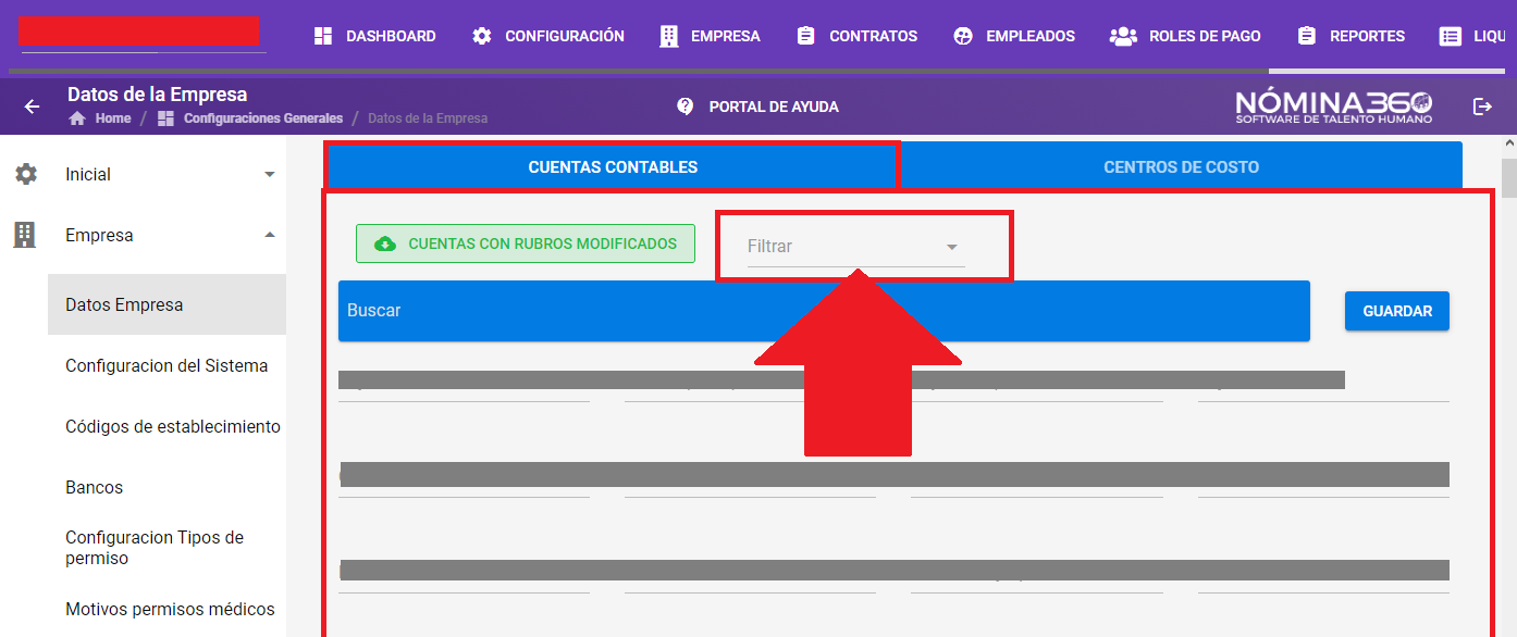 Filtro de tipos de rubros en la pestaña Cuentas contables