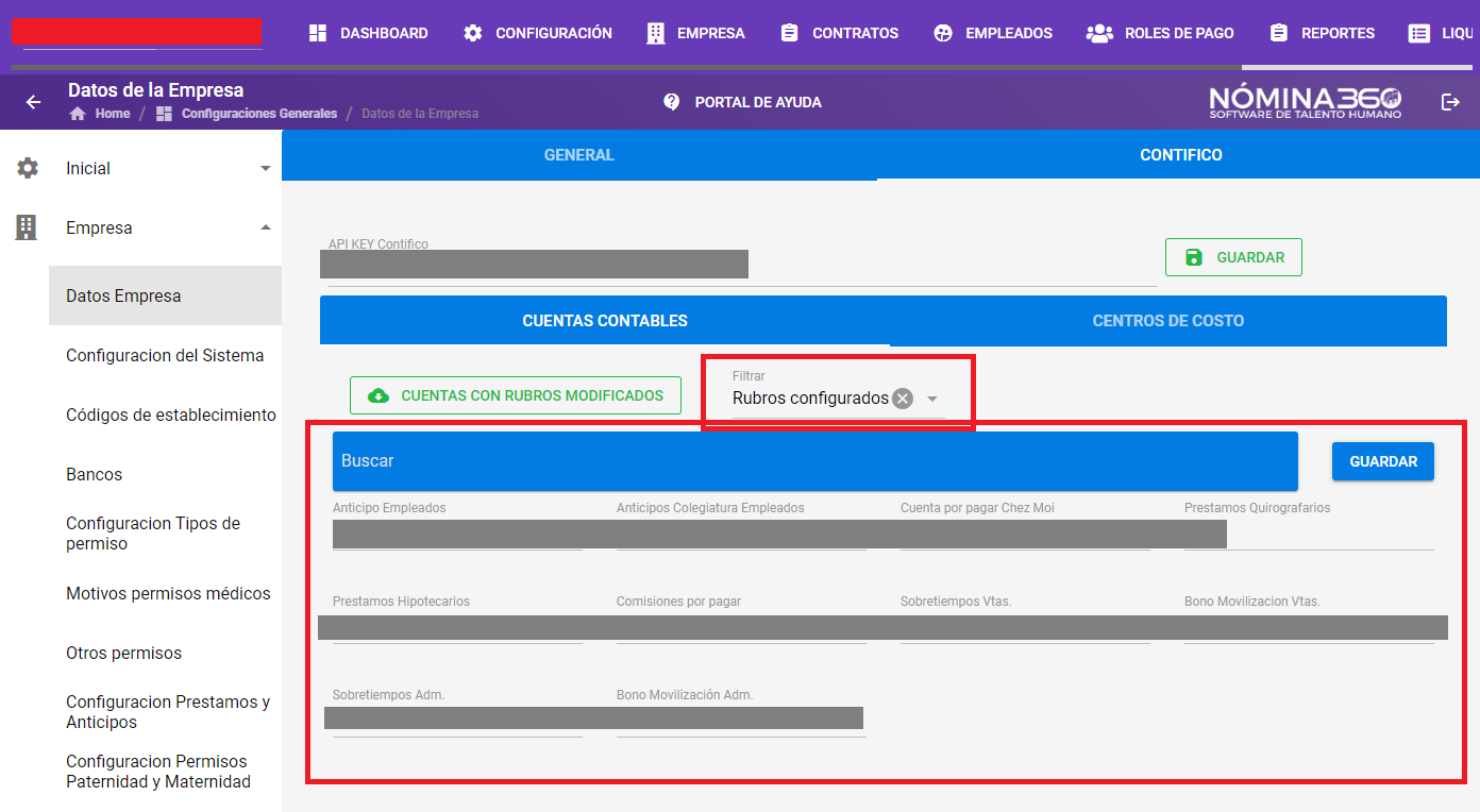 Información de cuentas según el filtro aplicado