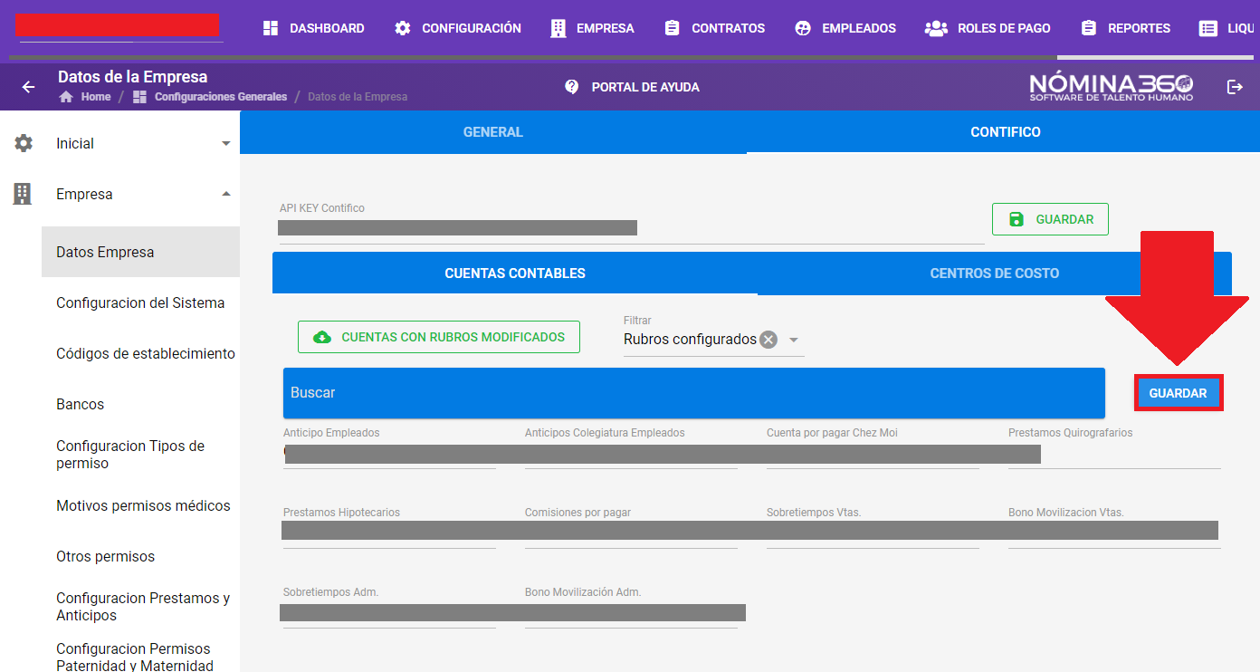 Botón Guardar tras modificar cuentas contables