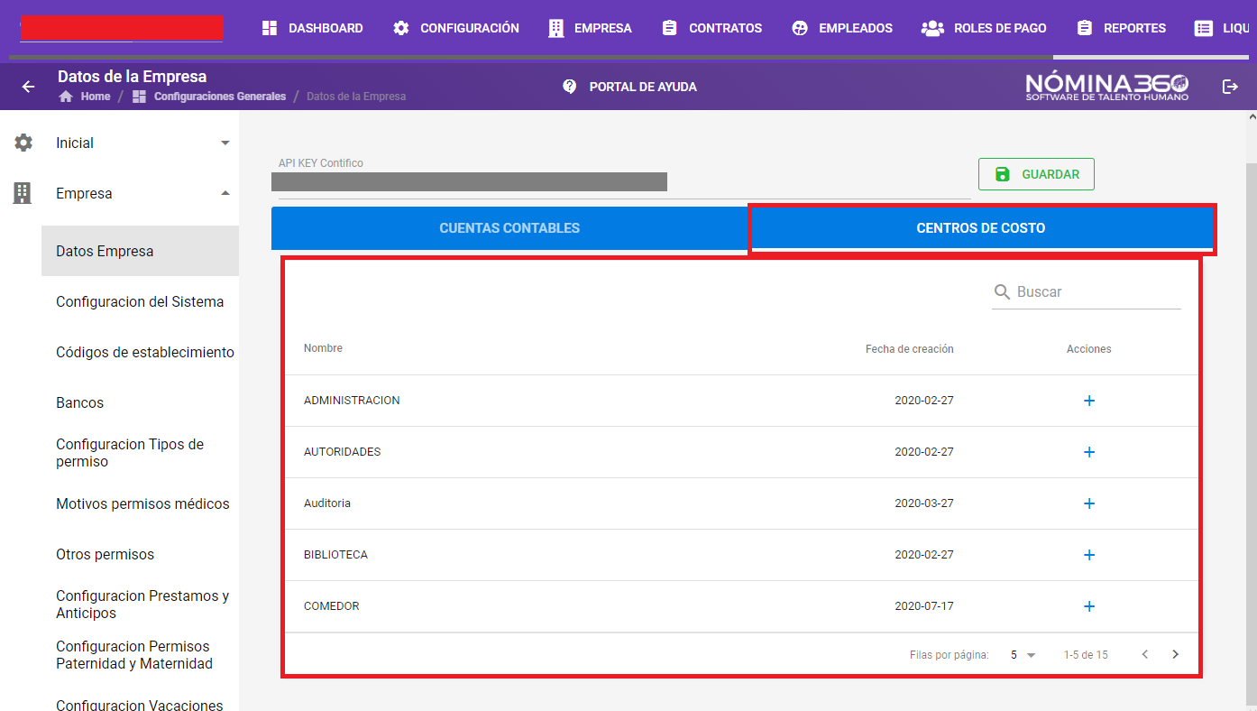 Listado de centros de costo registrados