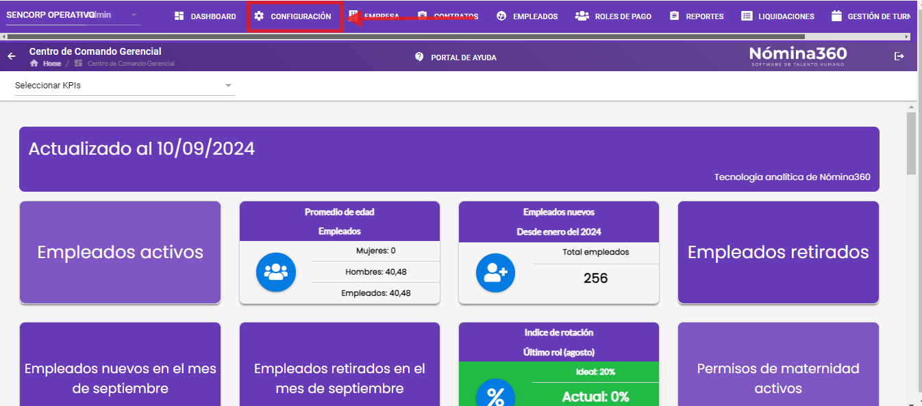 Menú principal con la opción Configuración