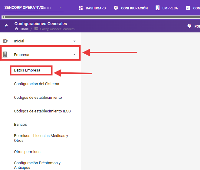 Submenú Empresa con la opción Datos Empresa