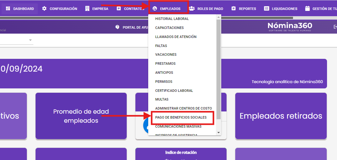 Acceso a Pago de Beneficios Sociales en el menú Empleados
